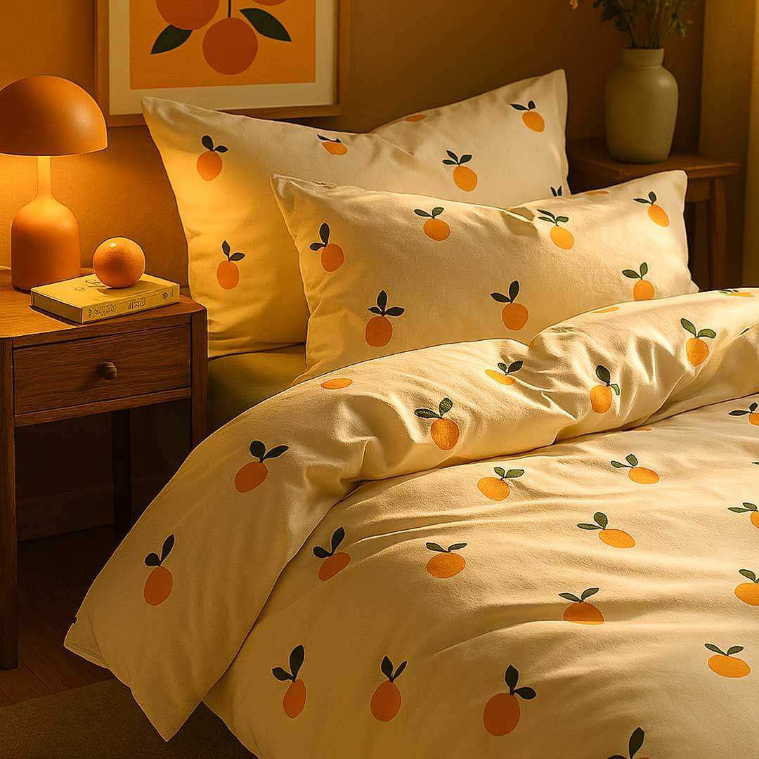 Orange-print duvet cover, flat sheet and matching pillowcases