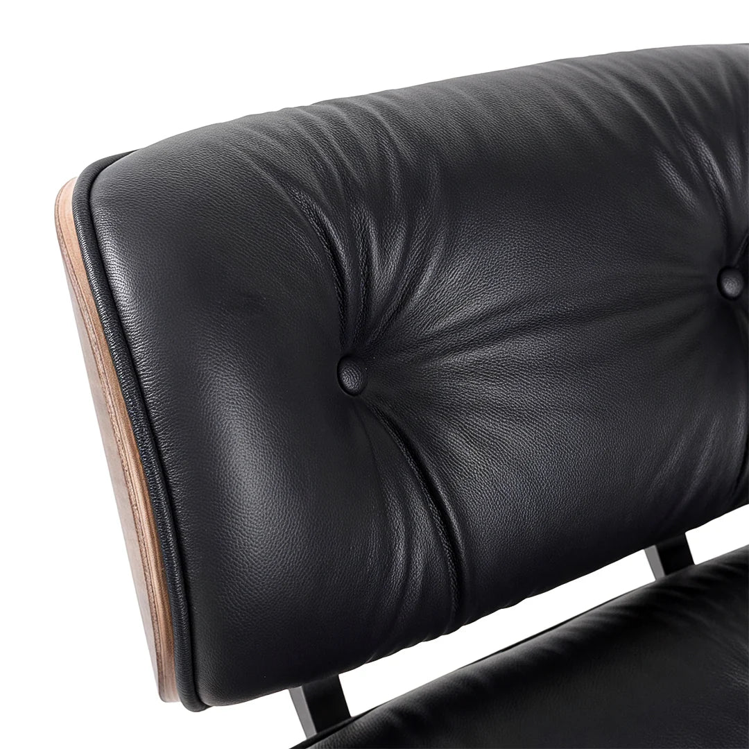 Detail of black leather upholstery on The Legacy Lounge Chair