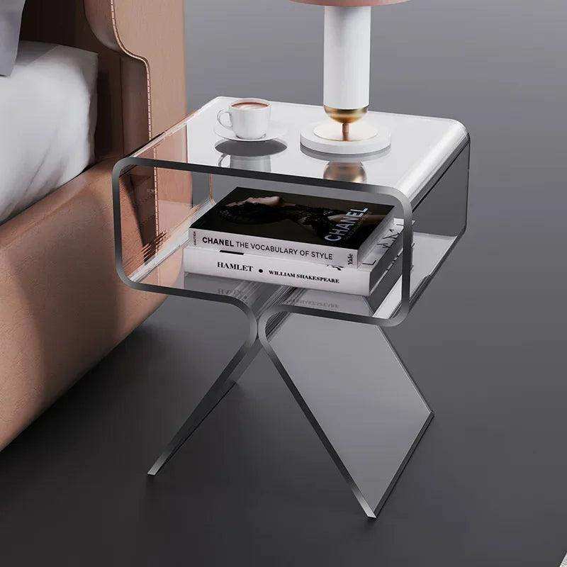 Black acrylic side table with lower shelf