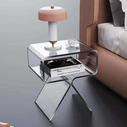 Orange acrylic side table with lower shelf