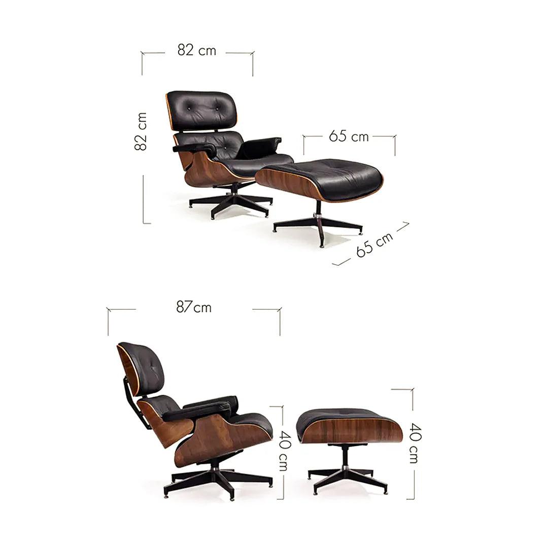 Full black leather lounge chair and ottoman set