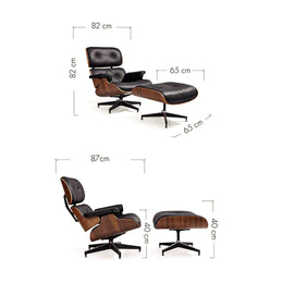 Full black leather lounge chair and ottoman set