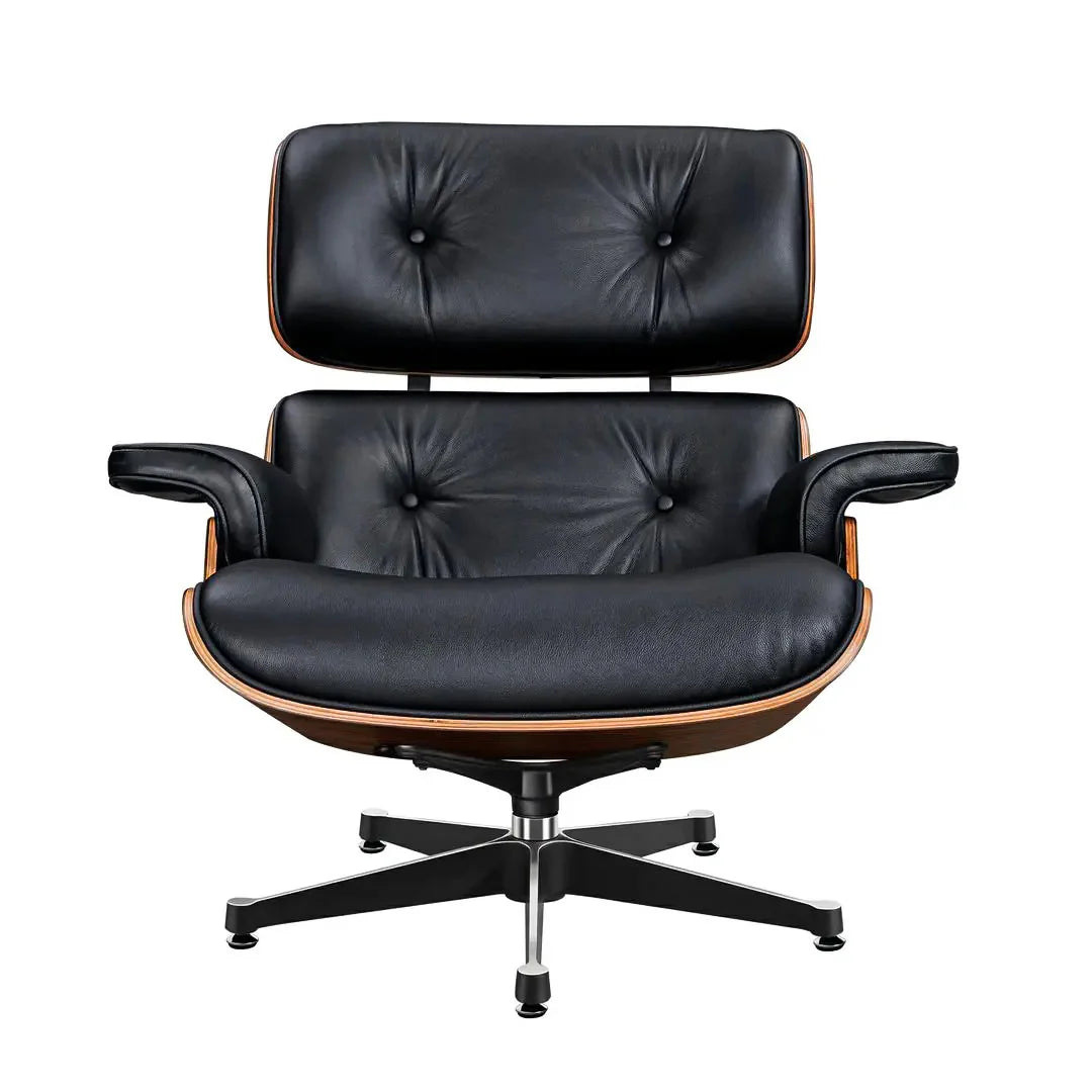 Matching black leather ottoman with walnut-finish shell