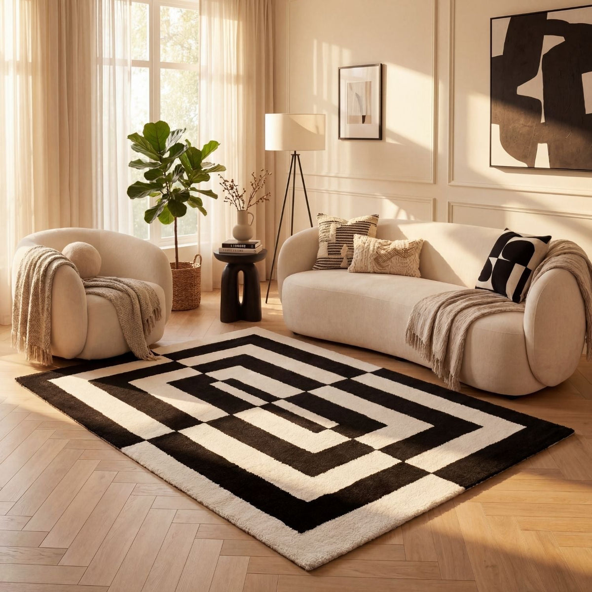 Mono Maze Rug — room-scale view
