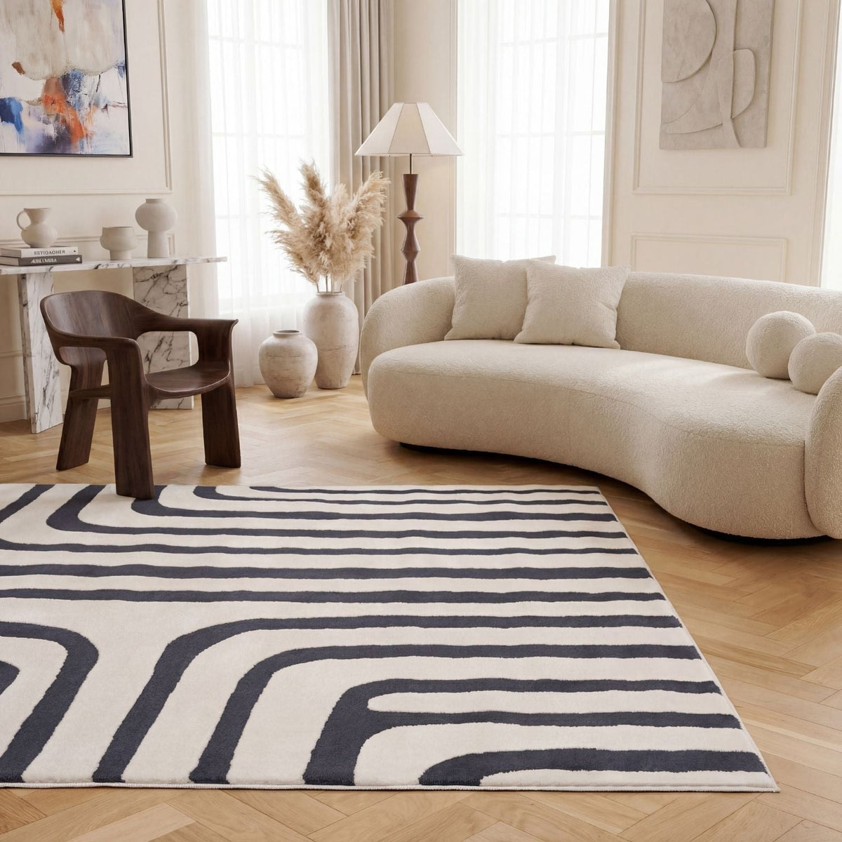 Cobalt Frame Rug — styled interior view