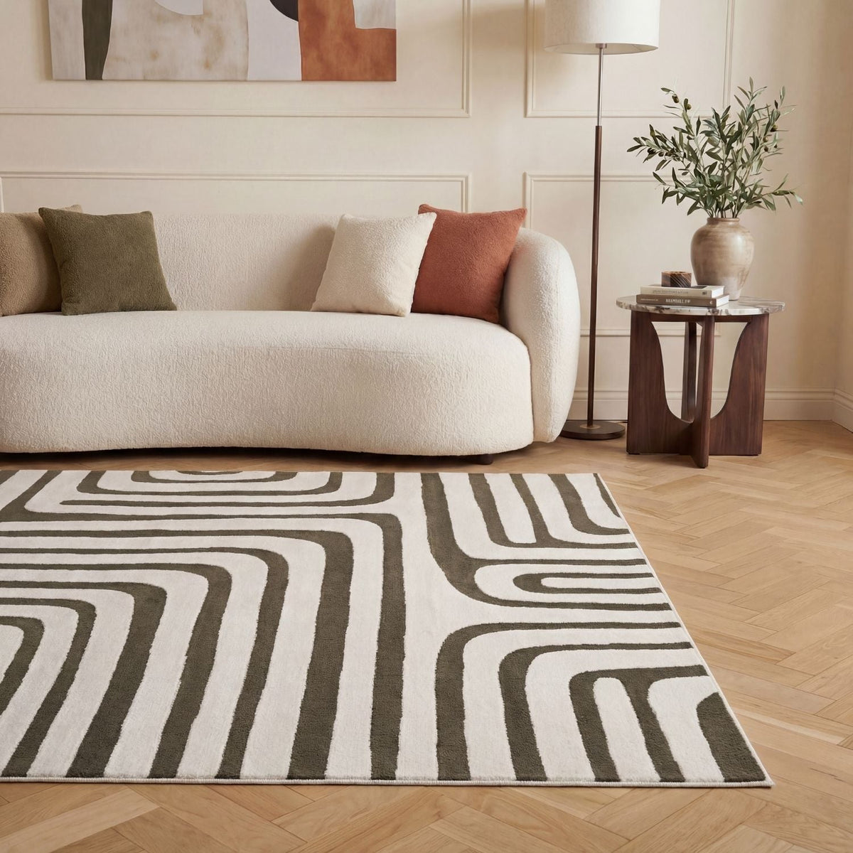Olive Frame Rug — styled interior view