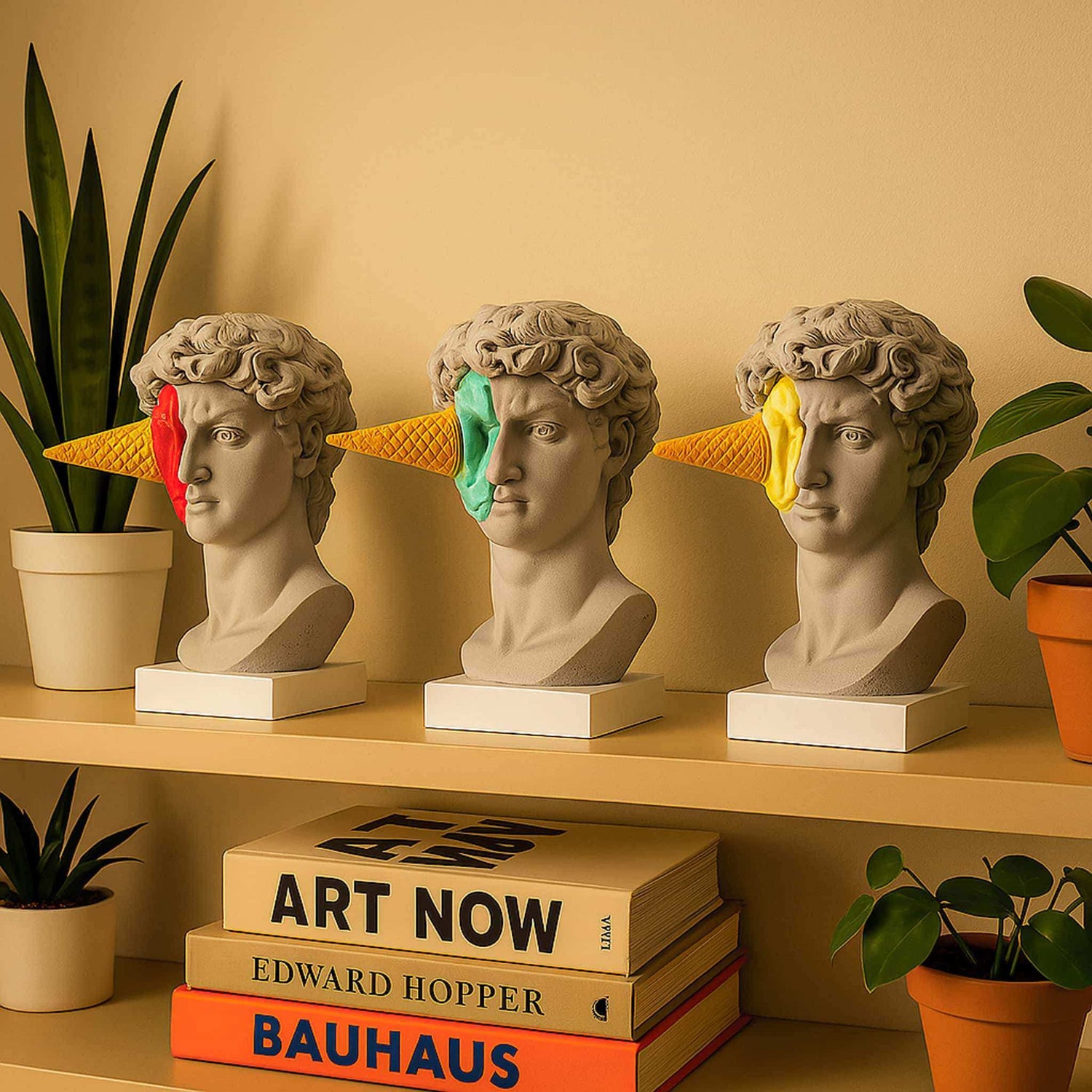 Haagen David sculpture shown in blue, red and light yellow