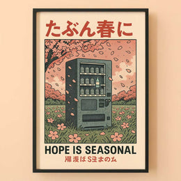 Hope Is Seasonal poster print with a vending machine beneath cherry blossoms