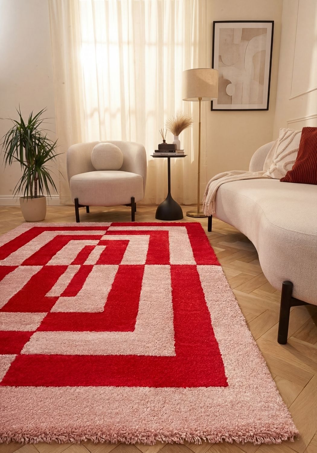 Cherry Maze Rug — styled interior view