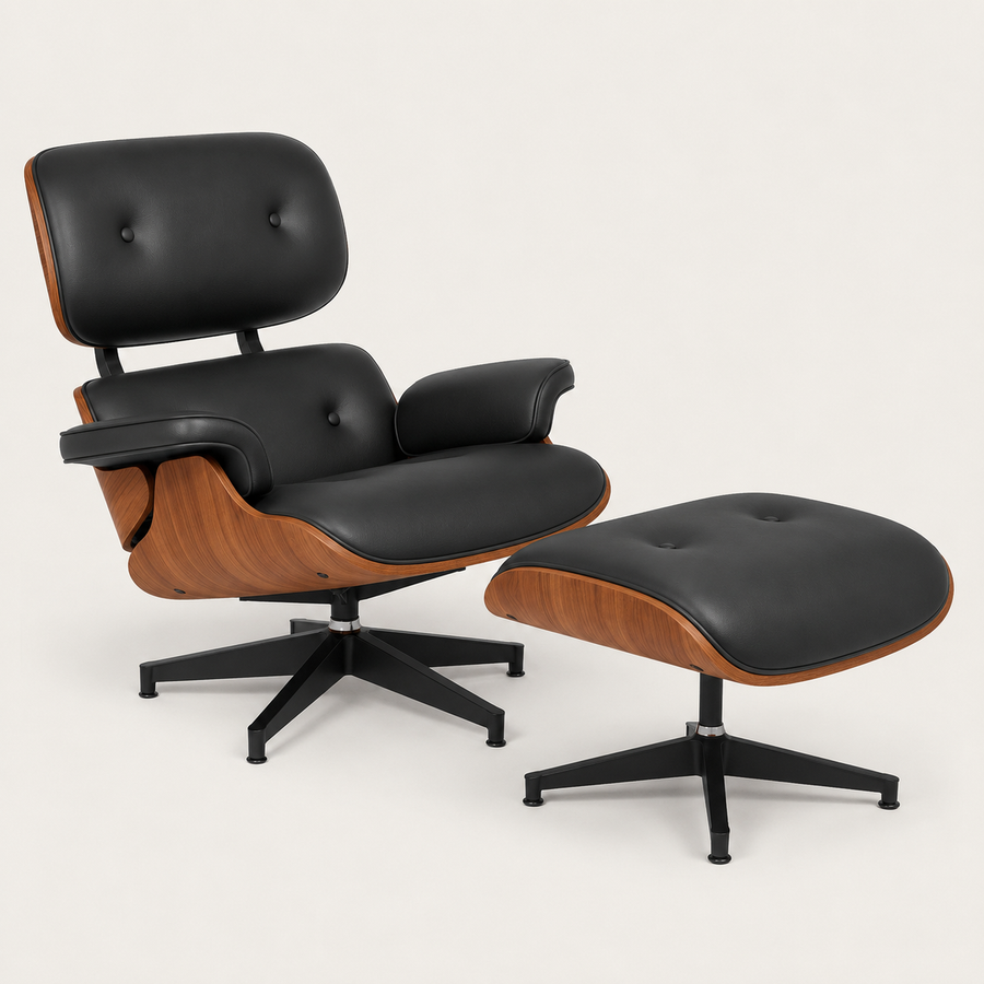 The Vesper Lounge Chair and matching ottoman in black leather-look upholstery