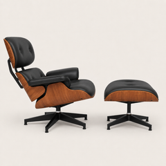 Front three-quarter view of the black lounge chair and walnut-effect ottoman set