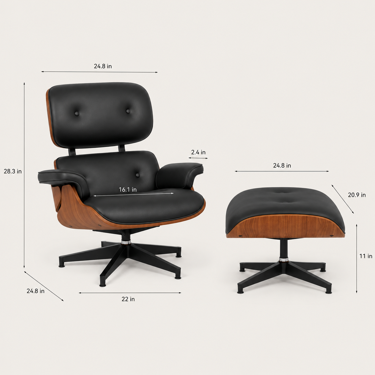 The Vesper Lounge Chair and Ottoman with black metal swivel bases
