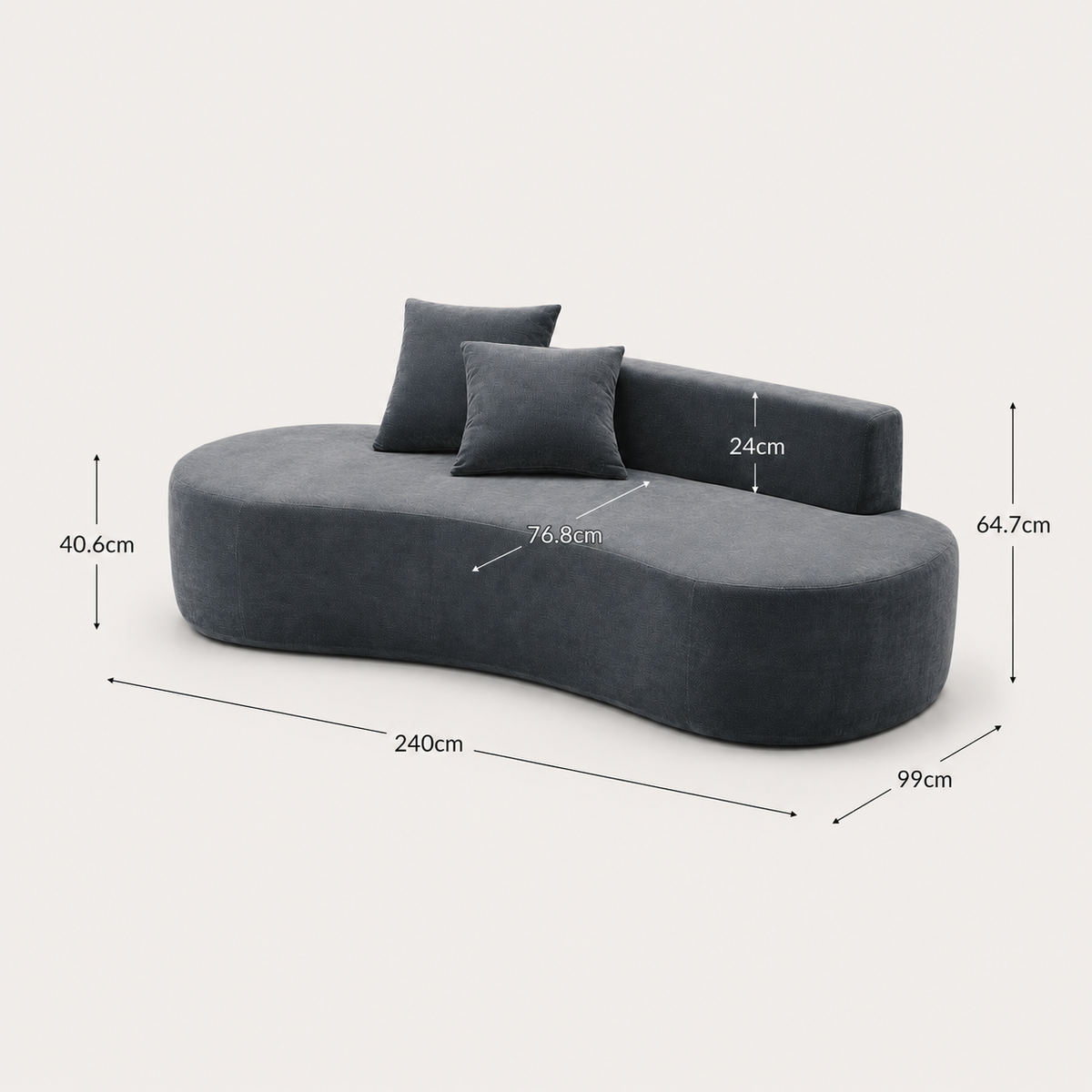 The Mallow Chaise Sofa in Midnight Blue with two matching pillows