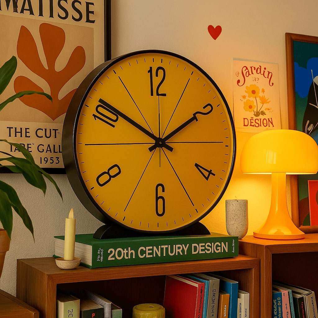 Yellow Modern Nordic Wall Clock styled on a wall