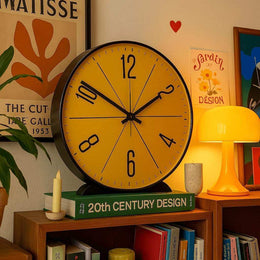 Yellow Modern Nordic Wall Clock styled on a wall
