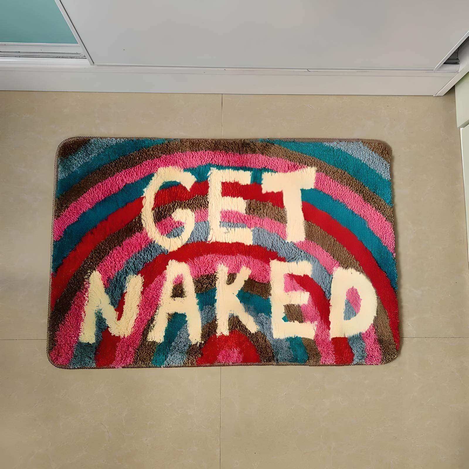 Rainbow Get Naked bath mat in a bathroom setting