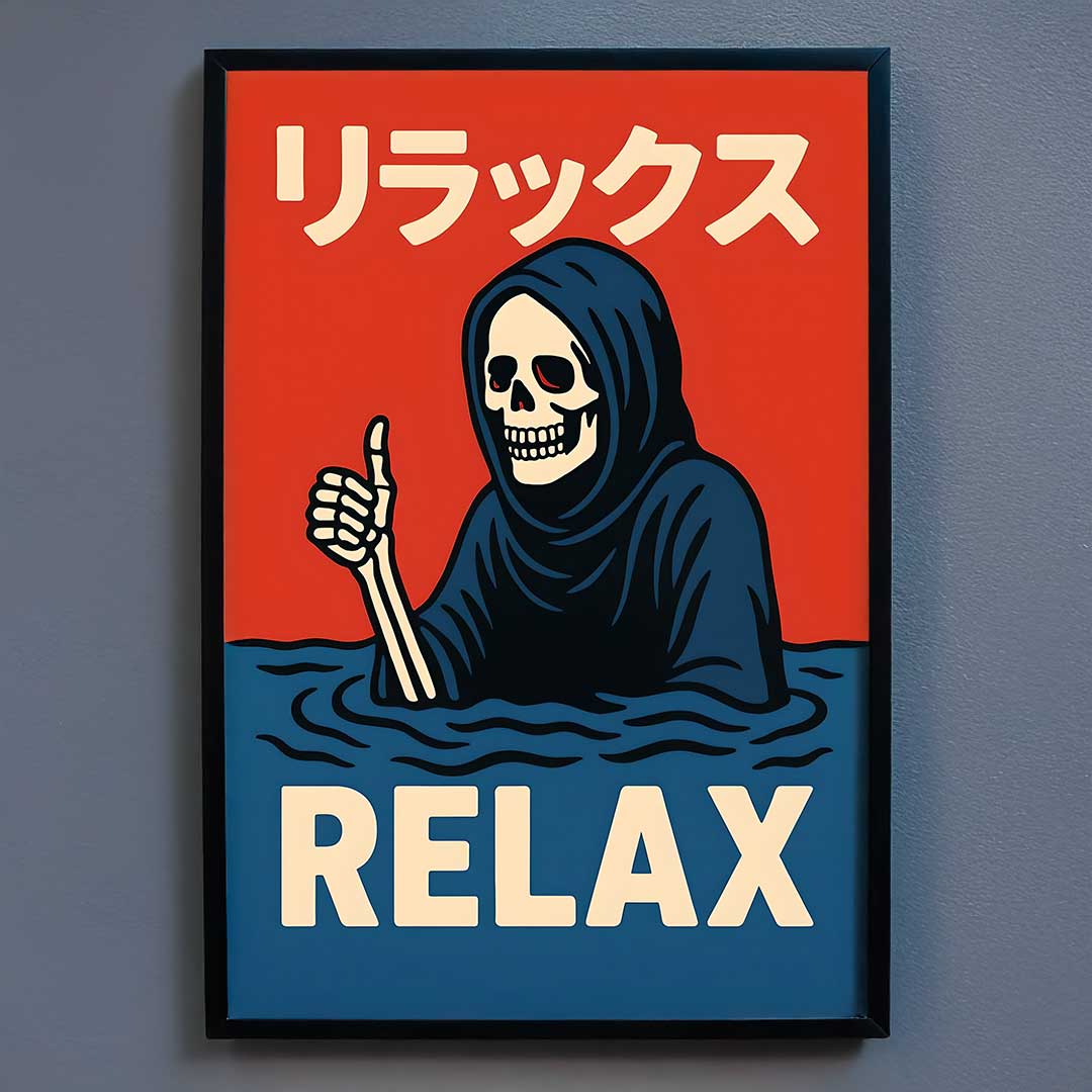 Relax Grim Reaper poster print with darkly playful graphic artwork