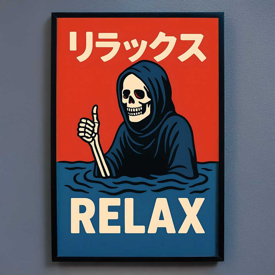 Relax Grim Reaper poster print with darkly playful graphic artwork