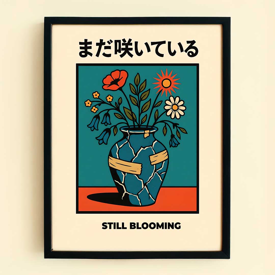 Still Blooming poster print with flowers growing from a repaired vase
