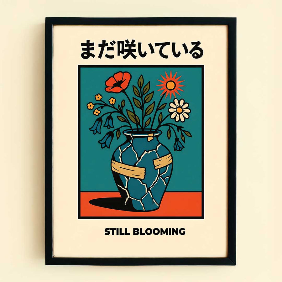 Still Blooming poster print with flowers growing from a repaired vase