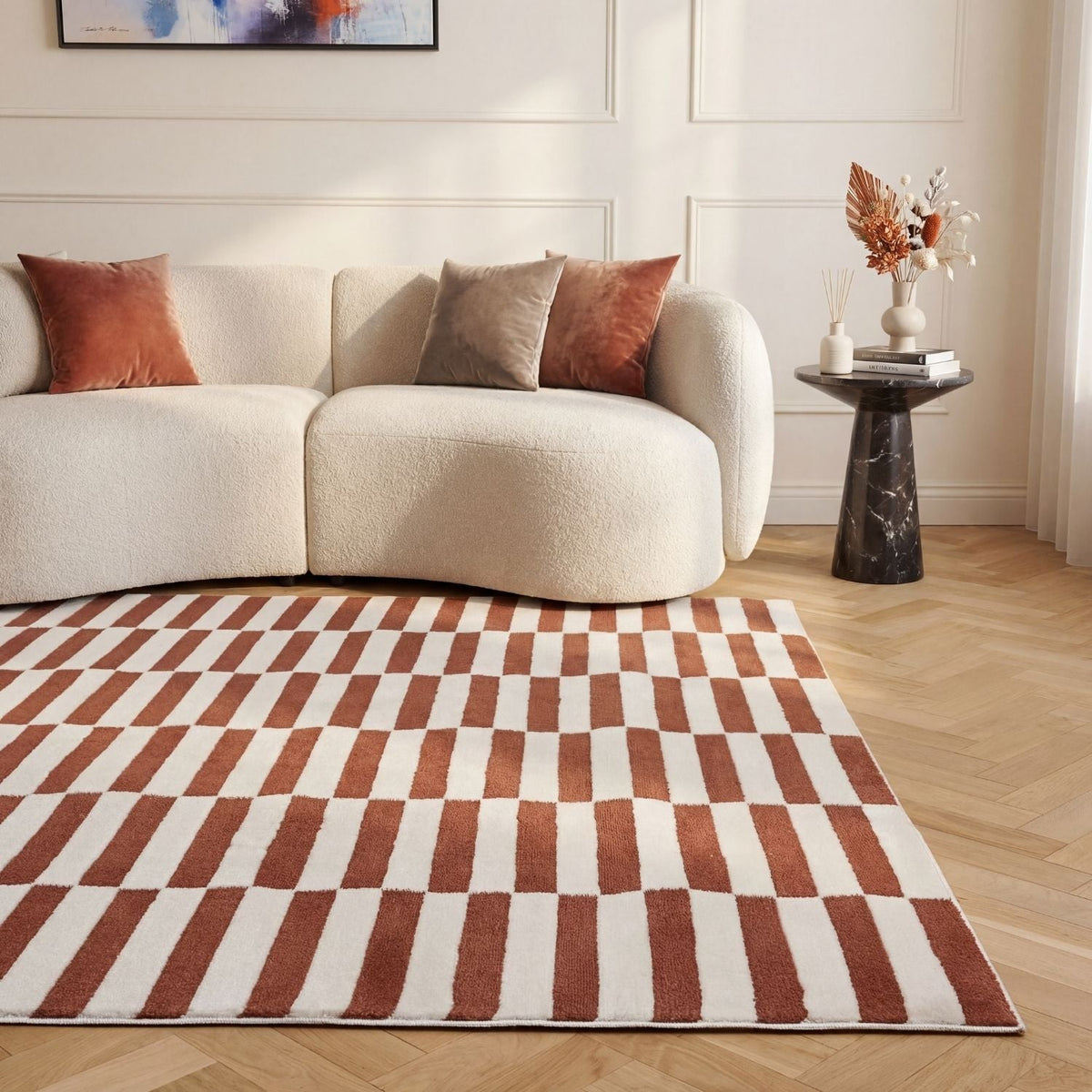 Clay Stripe Rug — styled interior view