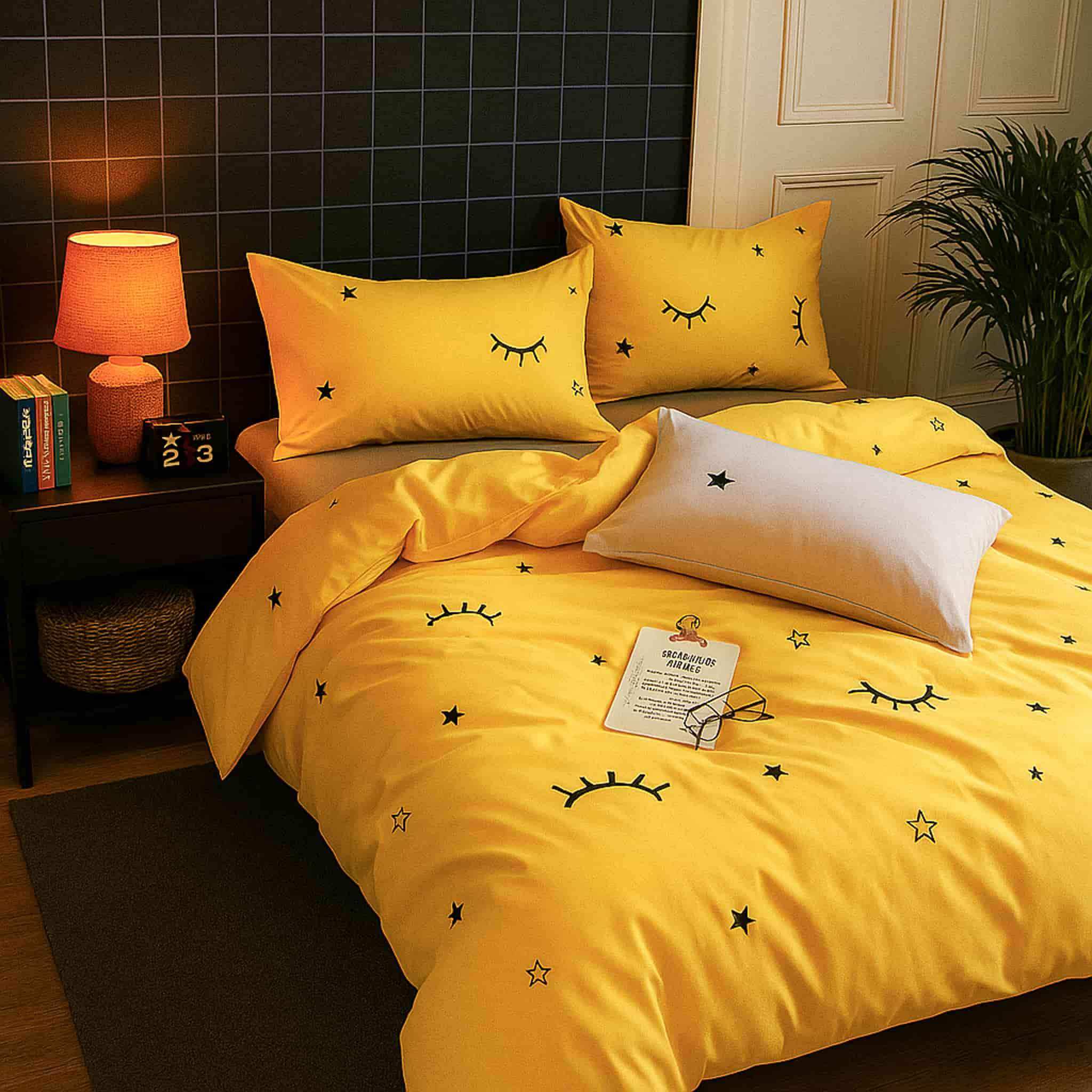 Yellow Sun and Stars bedding set styled on a bed