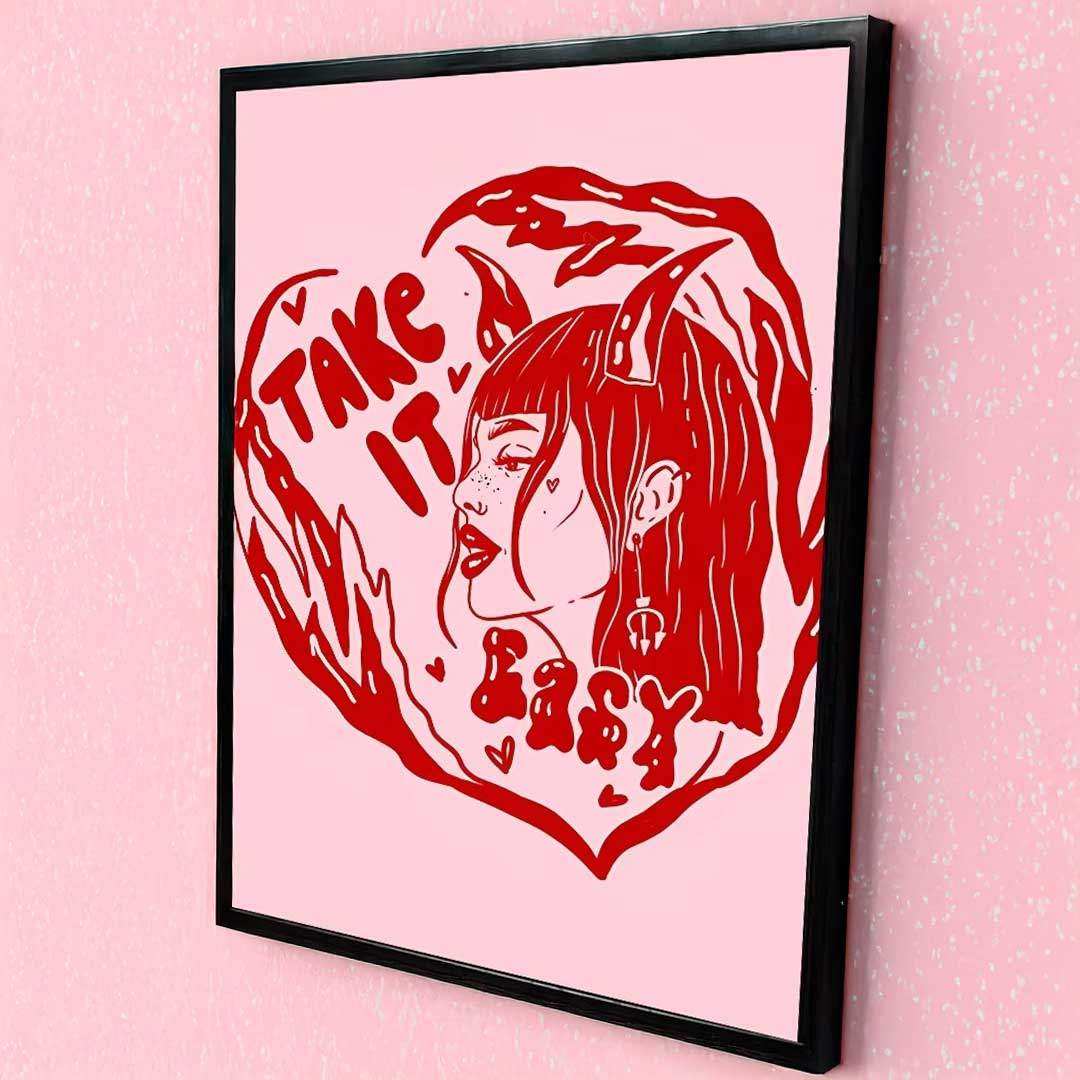 Take It Easy red and pink heart canvas print