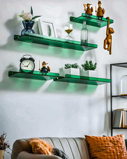 Blue acrylic wall shelf mounted above a desk