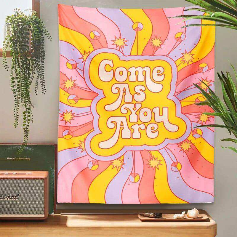 Retro affirmation artwork detail on the Come As You Are tapestry