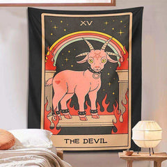 The Devil tarot card artwork on a polyester tapestry